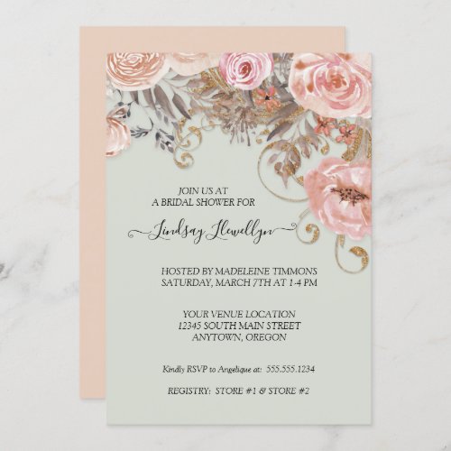 Dried Floral Boho Peach Rose Gold Bridal Shower Invitation