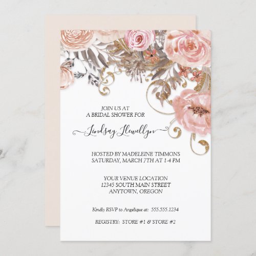 Dried Floral Boho Peach Rose Gold Bridal Shower Invitation