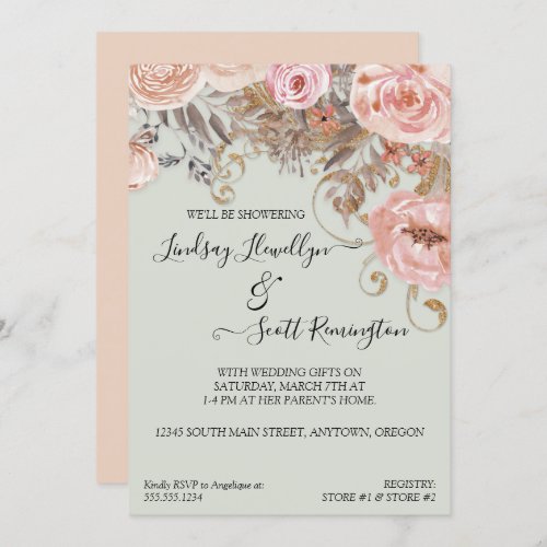 Dried Floral Boho Peach Rose Gold Couples Shower Invitation