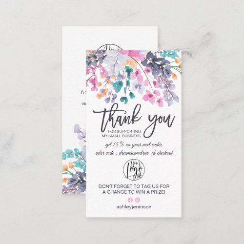 Dried floral watercolor logo order thank you business card