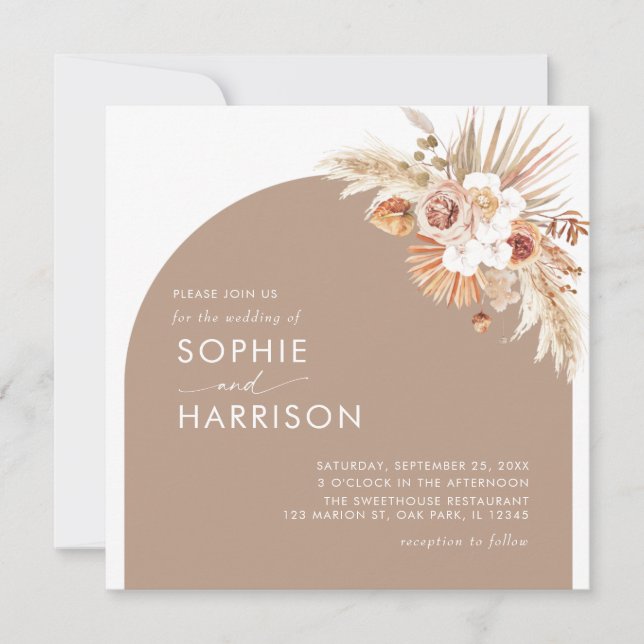 Dried Flower Arch Boho Pampas Grass Square Wedding Invitation (Front)
