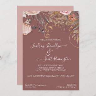 Dried Flower Foliage Rose Gold Boho Couples Shower Invitation