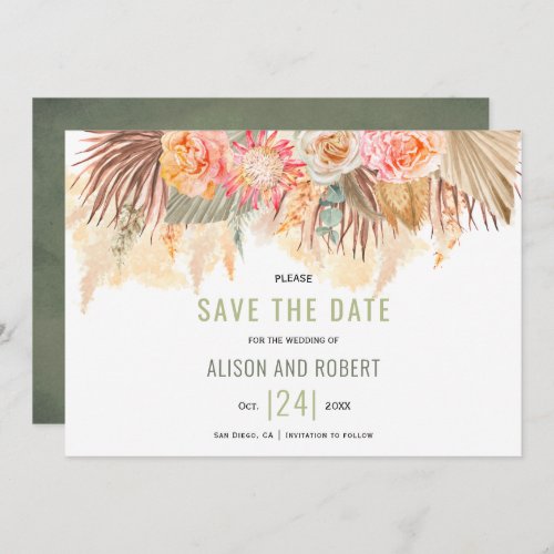 Dried flowers and pampas grass stained green save the date