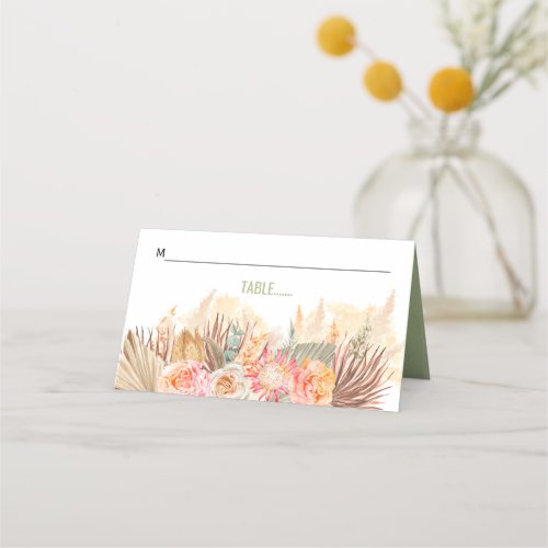 Dried flowers and pampas grass stained sage green place card