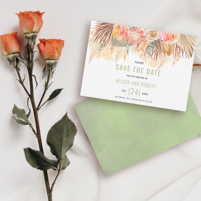 Dried flowers and pampas grass stained sage green save the date (Creator Uploaded)