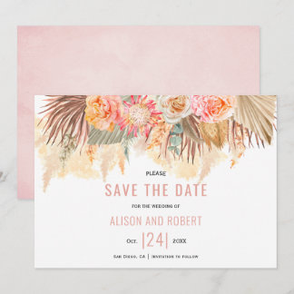 Dried flowers and pampas grass stained soft pink save the date