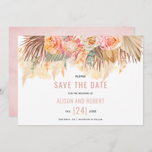 Dried flowers and pampas grass stained soft pink save the date