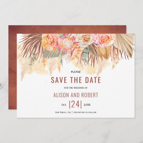 Dried flowers and pampas grass stained terracotta save the date