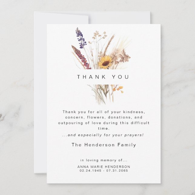 Dried Flowers Floral Bereavement Funeral Thank You Card (Front)