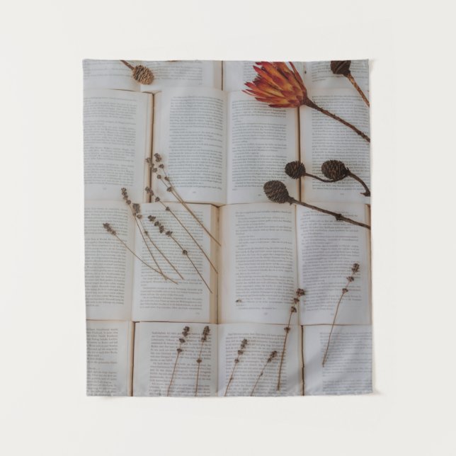 Dried flowers on books tapestry (Front)