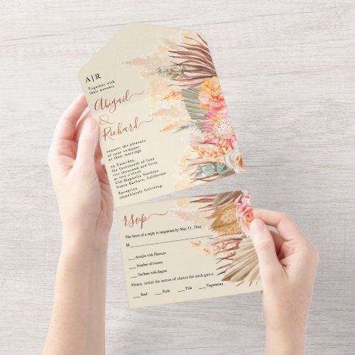 Dried flowers pampas grass and palm beige wedding all in one invitation