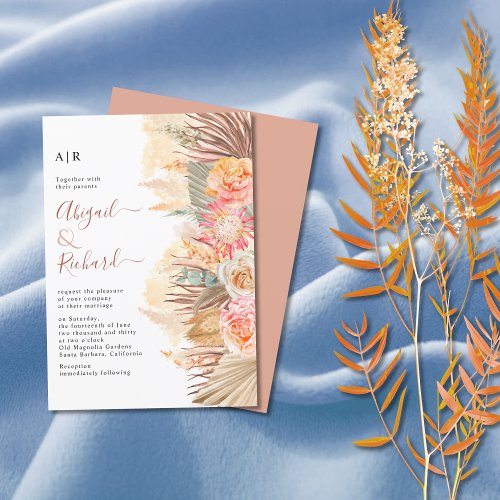 Dried flowers pampas grass and palm leaf wedding  invitation