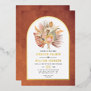 Dried flowers pampas grass terracotta wedding gold foil invitation