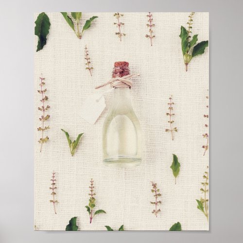 Dried herbs glass bottle burlap texture background poster