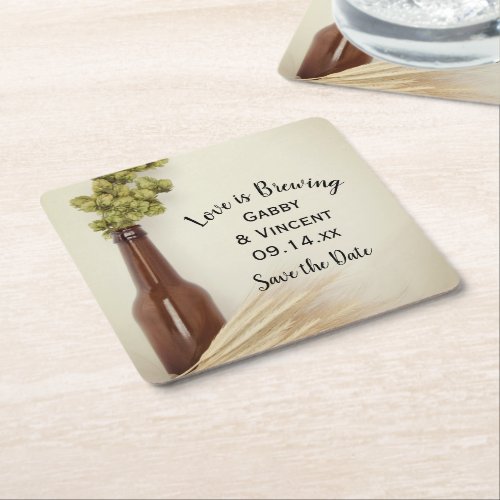 Dried Hops and Wheat Brewery Wedding Save the Date Square Paper Coaster