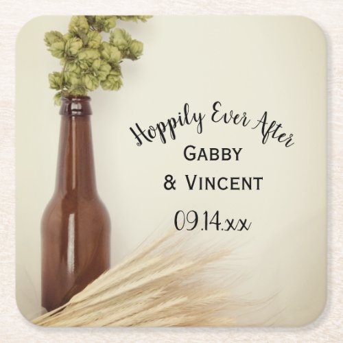 Dried Hops and Wheat Brewery Wedding Square Paper Coaster