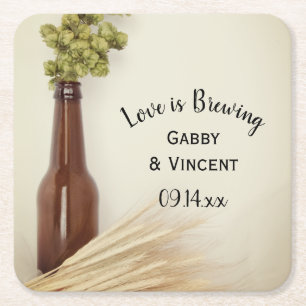 Dried Hops and Wheat Brewery Wedding Square Paper Coaster