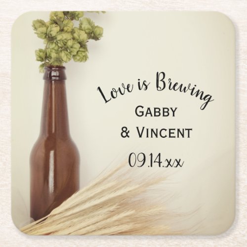 Dried Hops and Wheat Brewery Wedding  Square Paper Coaster