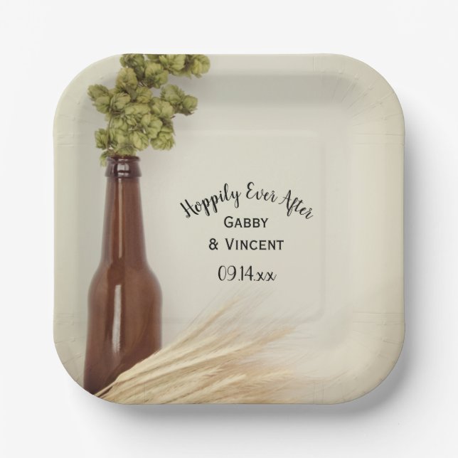  Dried Hops and Wheat Hoppily Ever Brewery Wedding Paper Plates (Front)