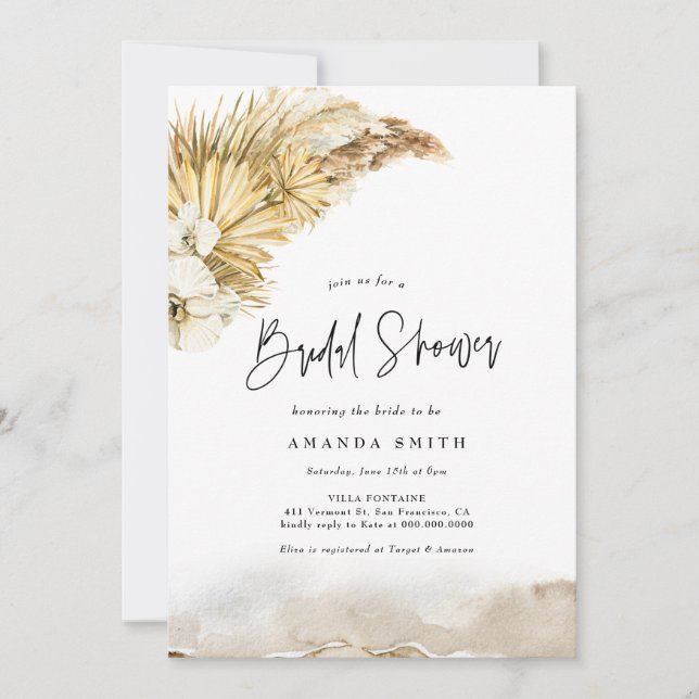 Dried Leaves Pampas Grass Boho Beige Bridal Shower Invitation (Front)