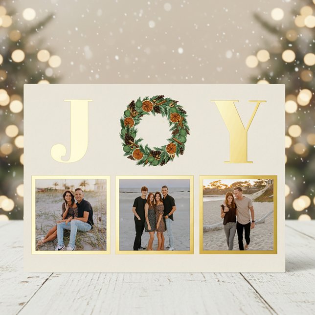 Dried Orange Joy Pine Wreath Multi Photo Gold Foil Holiday Card (Creator Uploaded)