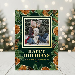 Dried Orange Watercolor Pine Happy Holidays Gold Foil Holiday Card