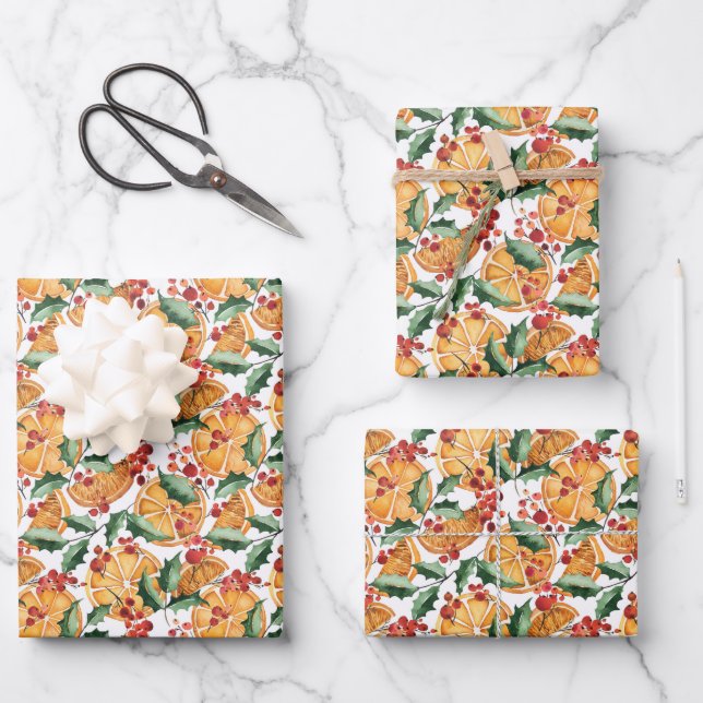 Dried Oranges and Berries Christmas Pattern Wrapping Paper Sheets (Front)