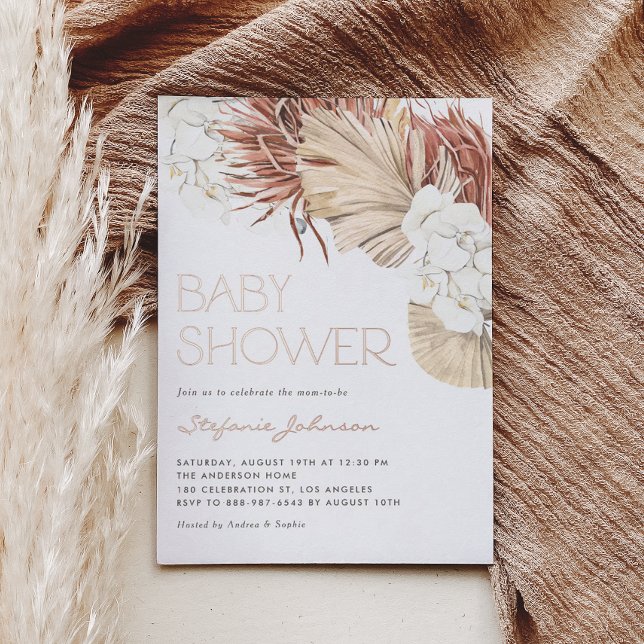 Dried Palm and White Orchid Boho Baby Shower Foil Invitation (Rose gold foil baby shower invitation featuring watercolor orchids, pampas grass, and dried palm.)