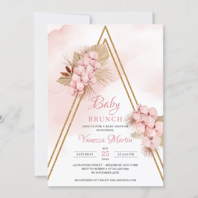 Dried Palm Blush Orchid Gold Arch Baby Brunch  Invitation (Front)