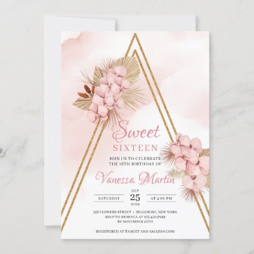 Dried Palm Blush Orchid Gold Arch Sweet Sixteen Invitation