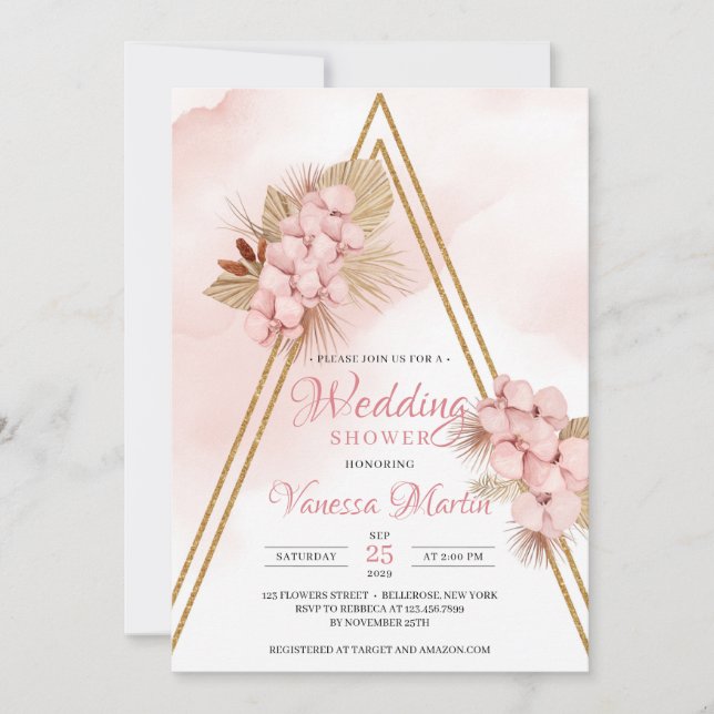 Dried Palm Blush Orchid Gold Arch Wedding Shower Invitation (Front)