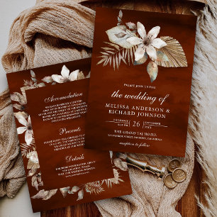 Dried Palm Floral All in One Burnt Orange Wedding Invitation