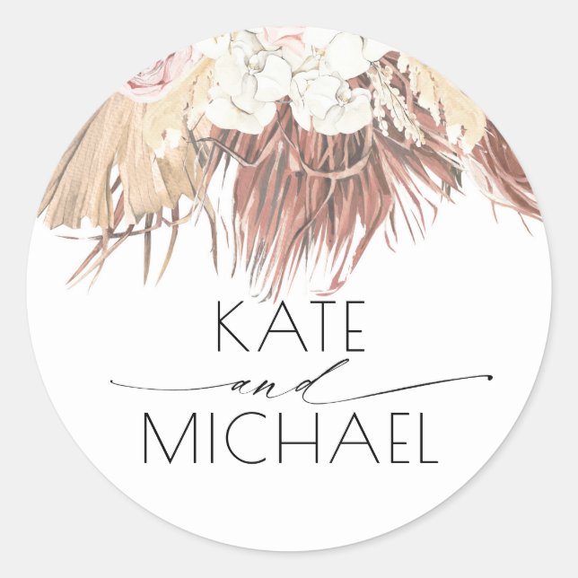 Dried Palm Leaf and White Orchid Tropical Wedding Classic Round Sticker (Front)