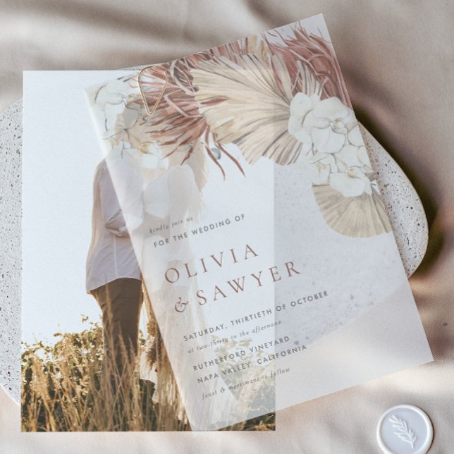 Dried Palm Leaves and White Orchids Boho Wedding Vellum Invitations (This boho wedding invitation features soft watercolor florals and foliage )