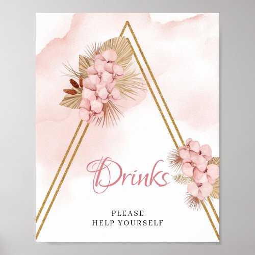 Dried Palm Leaves Blush Pink Flowers Drinks Sign