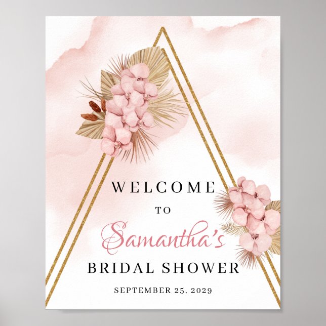 Dried Palm Leaves Blush Pink Flowers Welcome Sign (Front)