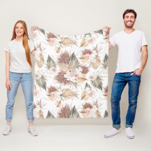Dried Palm Leaves Foliage and Tropical Flowers Fleece Blanket