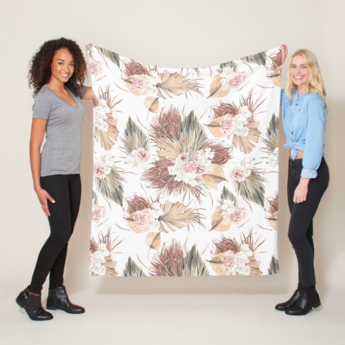 Dried Palm Leaves Foliage and Tropical Flowers Fleece Blanket