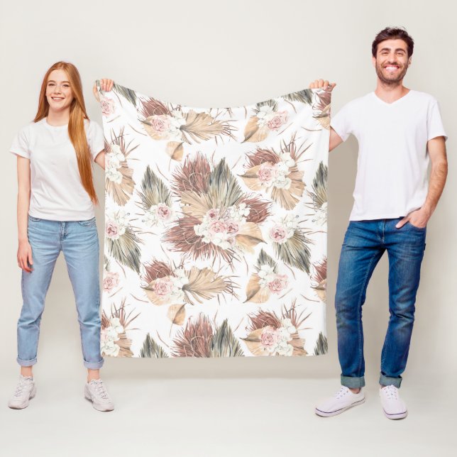 Dried Palm Leaves Foliage and Tropical Flowers Fleece Blanket (In Situ)