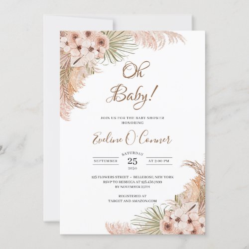 Dried Palm Leaves Pampas Dusty Pink Orchid Oh Baby Invitation