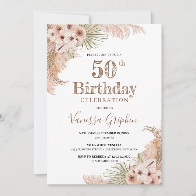 Dried Palm Leaves Pampas Grass 50th Birthday Invitation (Front)