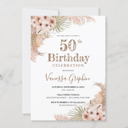 Dried Palm Leaves Pampas Grass 50th Birthday Invitation