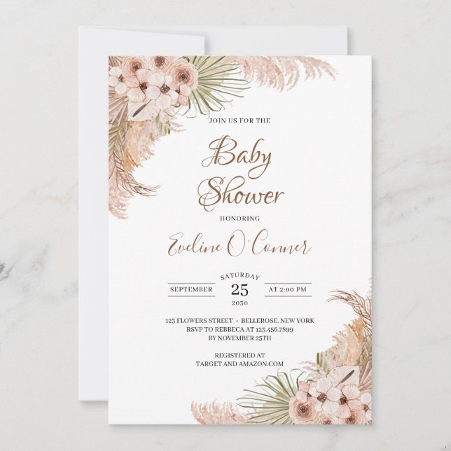 Dried Palm Leaves Pampas Grass Boho Baby Shower   Invitation (Front)