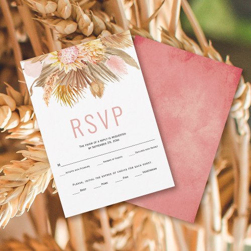 Dried palm leaves pampas grass pink wedding RSVP card