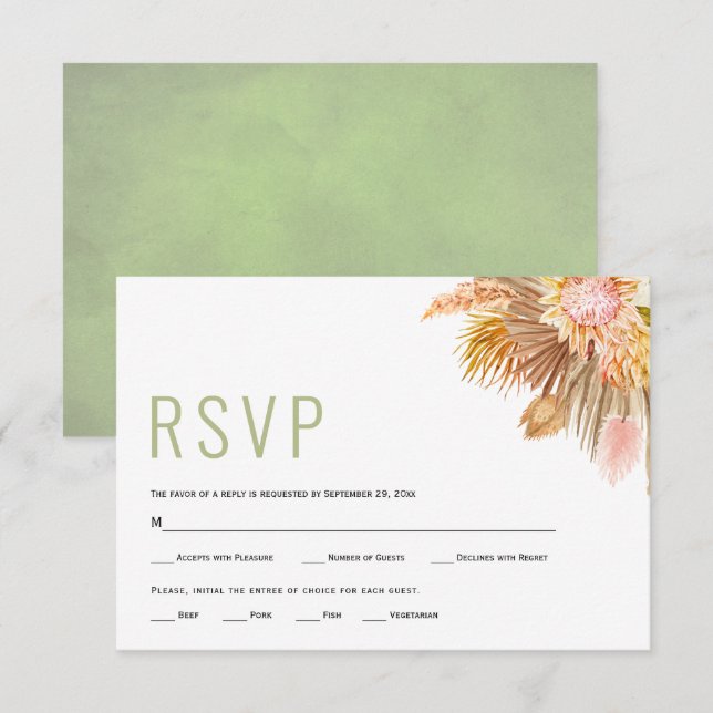 Dried palm leaves, pampas grass sage green wedding RSVP card (Front/Back)