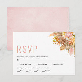 Dried palm leaves, pampas grass soft pink wedding RSVP card