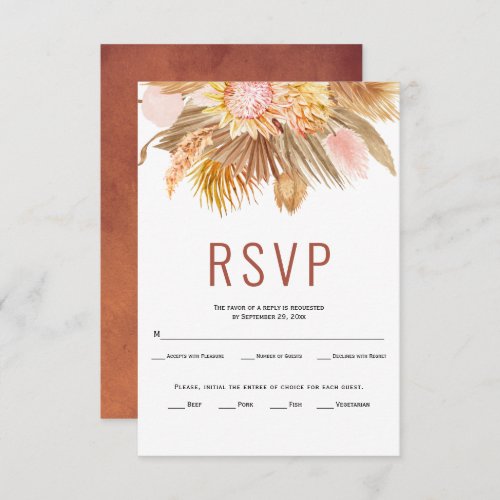 Dried palm leaves pampas grass terracotta wedding RSVP card