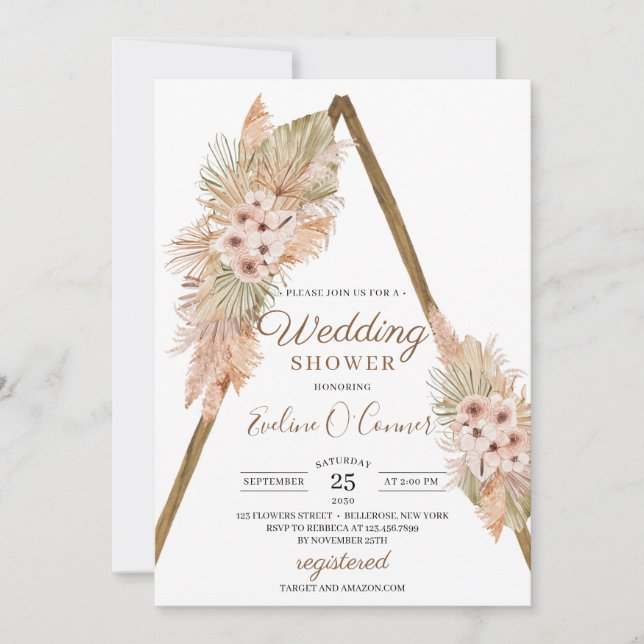 Dried Palm Leaves Pampas Grass Wooden Arch Wedding Invitation (Front)