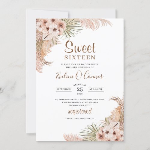 Dried Palm Leaves Pampas Pink Orchid Sweet Sixteen Invitation