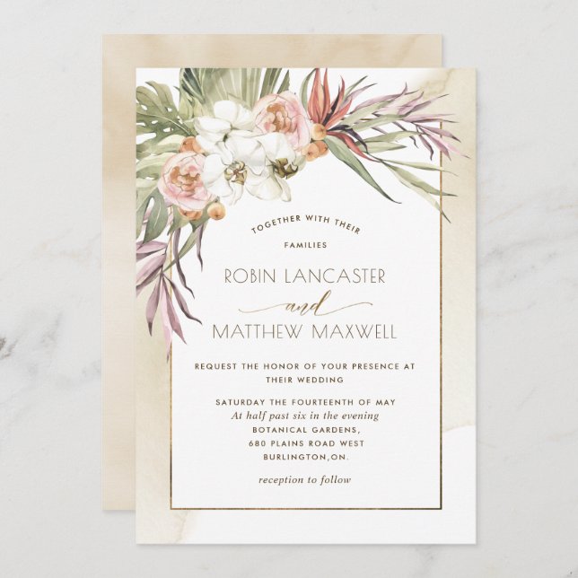 Dried Palm Leaves, Tropical Floral Cream Wedding Invitation (Front/Back)